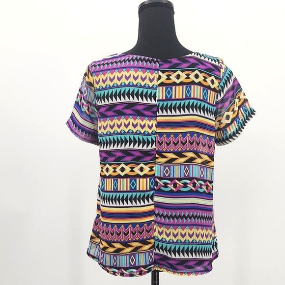 Forever 21 Multicolor Tribal Geometric Print Sheer Top Blouse Women's Size Small - Picture 4 of 9